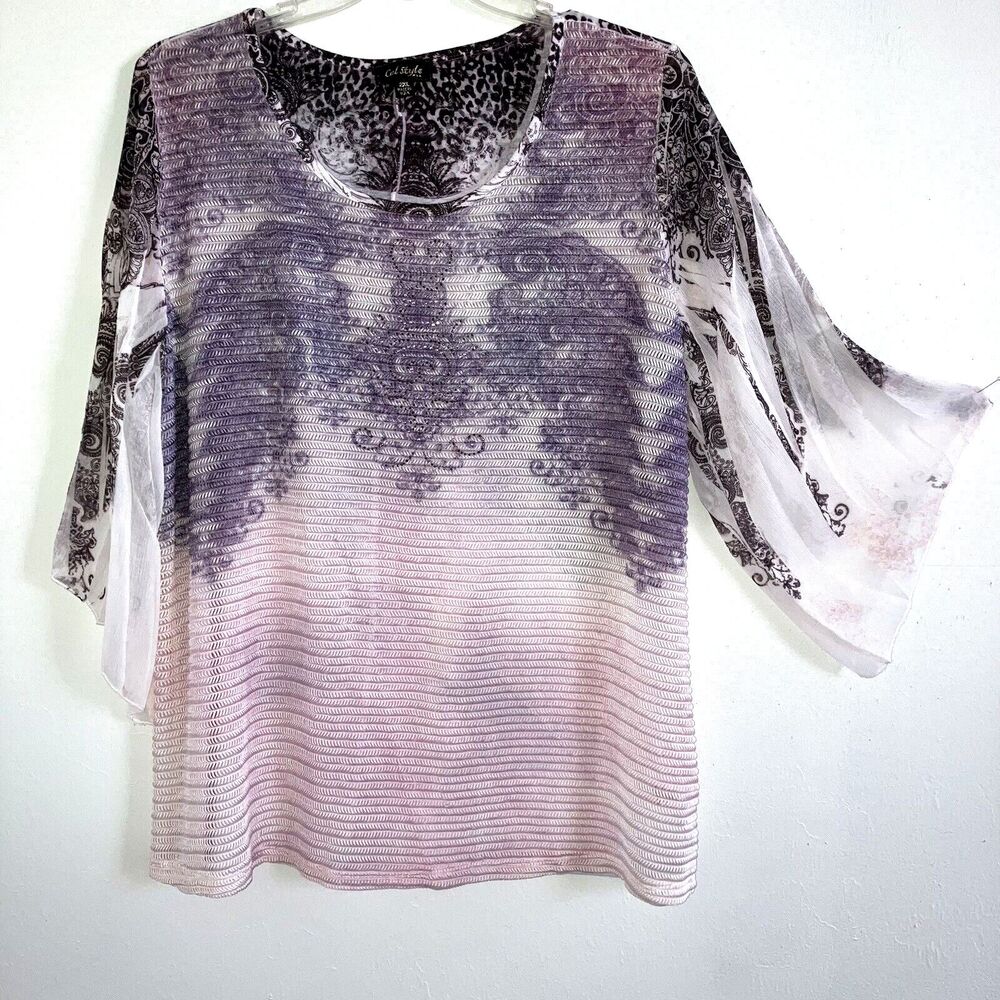 CAL STYLE sz 2X XXL Mesh Colorful Floral Relaxed Fit Tunic Top Plus Rhinestone